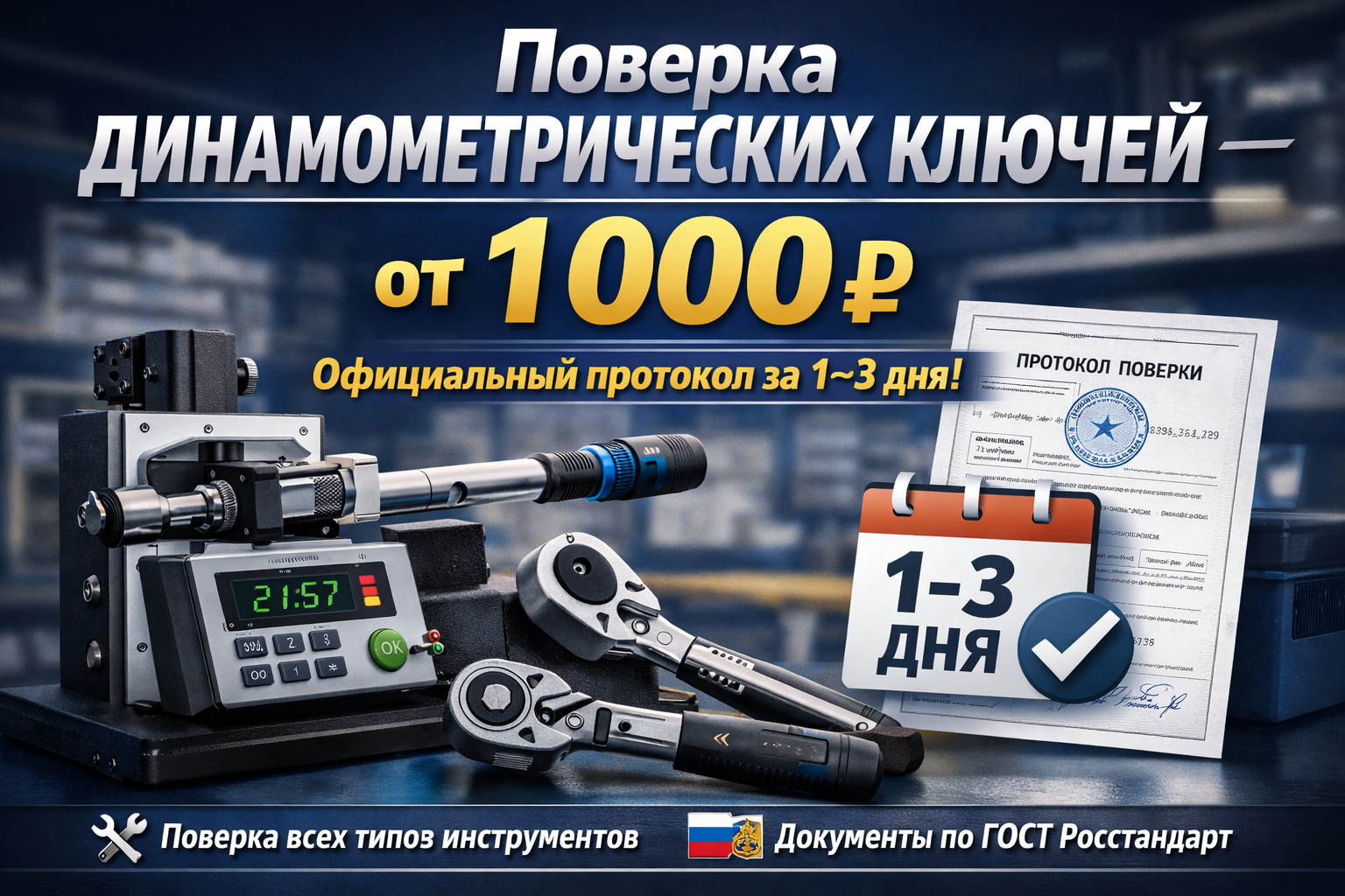 Поверка динамометрических ключей — от 1 000 ₽, официальный протокол за 1–3 дня