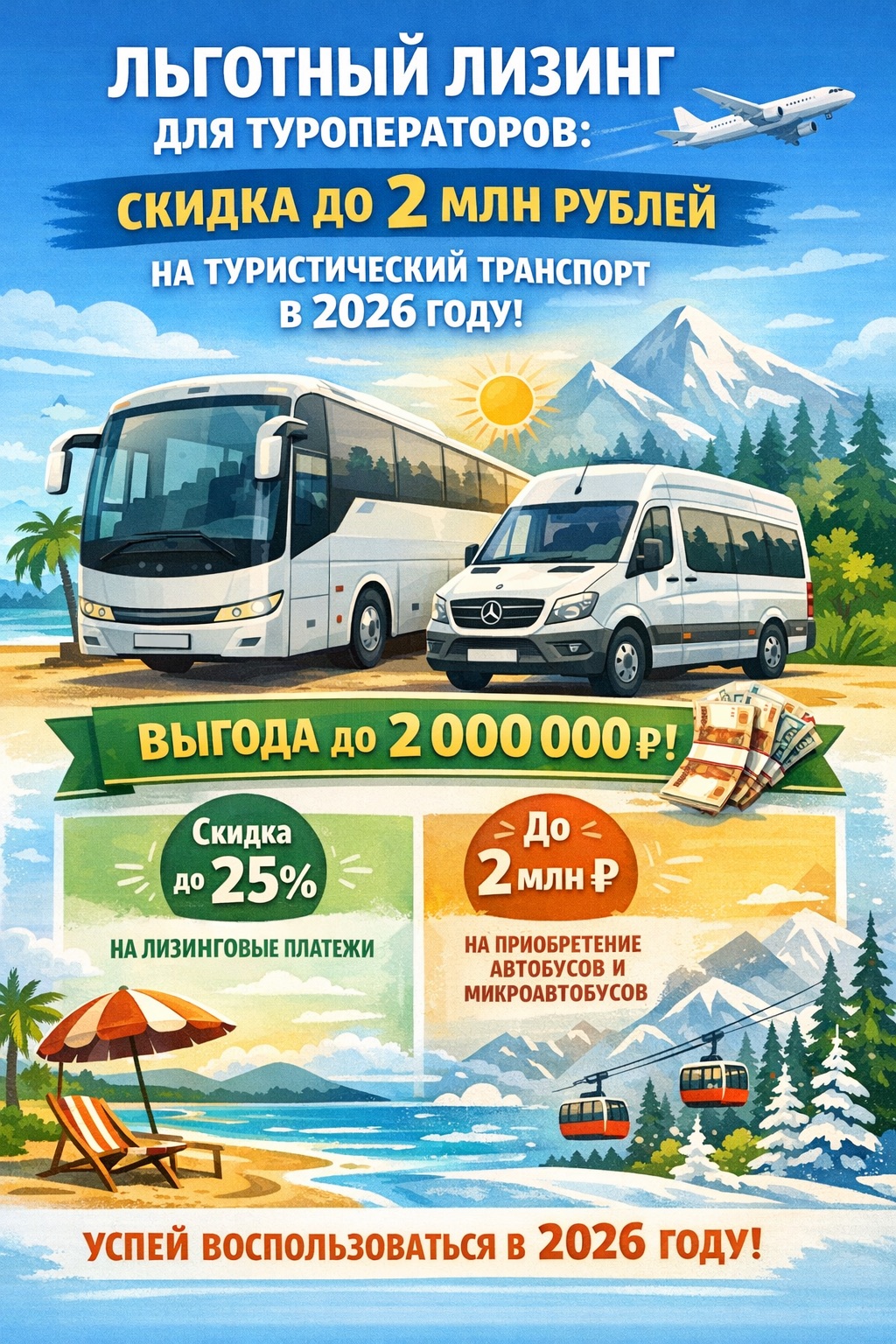 Льготный лизинг для туроператоров: скидка до 2 млн рублей на туристический транспорт в 2026 году